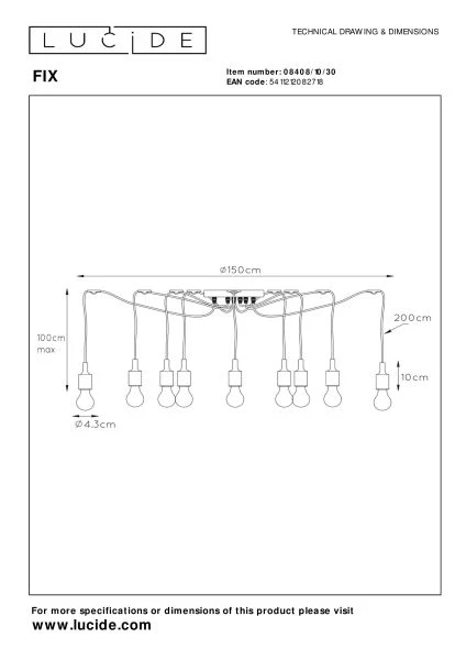 Lucide FIX - Hanglamp - 10xE27 - Zwart - technisch